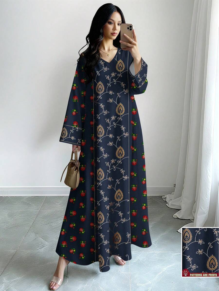 SHEIN Najma 女士花卉叶子刺绣印花V领长袖优雅阿拉伯风格长款连衣裙，春秋季 - 彩色 - 查看 1