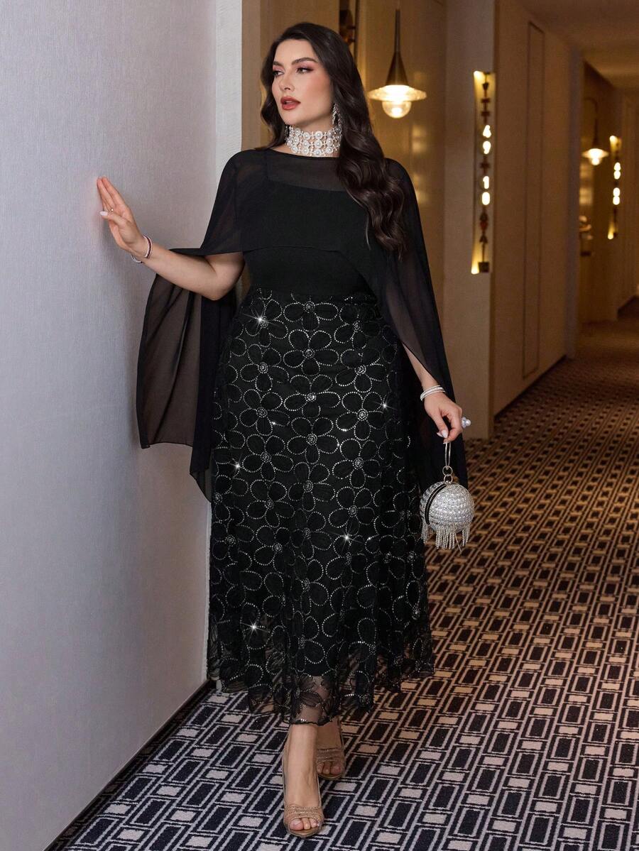 Modelyn 大码女士优雅刺绣长款两件套，珍珠装饰吊带连衣裙配开衫，适合春秋季休闲及各种场合穿着 - 黑色 - 查看 1