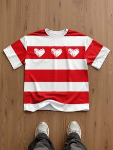 Manfinity Joysei Men's White Bold Wide Stripe Three Hearts Scribble Print Couple Matching T-Shirt | Valentine Hand Drawn Doodle Love Graphic Horizontal Color Block Tee | Classic Nautical Inspired Crew Neck Short Sleeve Top | Sweet Romantic Anniversary Gift His And Hers Loose Fit Shirt | Simple Preppy Clean Summer Casual Date Night Wear | Soft Breathable Boyfriend Girlfriend Daily Outdoor Holiday Outerwear,Men's Heart Striped Print Round Neck Short Sleeve Casual T-Shirt - Multicolor - View 4