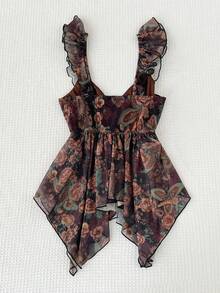 Sweetra Vintage Elegant Dark Purple Summer Tea Party Women Tank Top,Printed Design Cap Sleeve Cinched Waist Asymmetrical Hem Vacation Style Fashionable - Multicolor - View 3