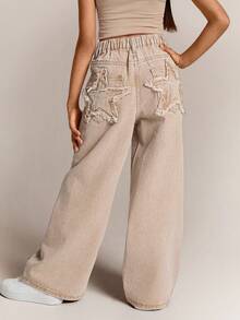 Radiana Quần jean denim dáng rộng, họa tiết ngôi sao Y2K, quần dài thanh lịch, quần ống rộng đơn giản, đa năng, trang phục thu đông cho bé gái tuổi mới lớn, trang phục dạo phố trở lại trường, thoải mái và đa năng, dành cho bé gái từ 8-12 tuổi, thích hợp cho bé đi học, ở nhà và du lịch - Màu Khaki - Xem 2