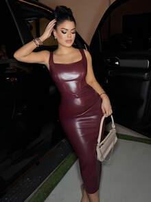 Dayanna Comas 女士优雅酒红色无袖修身 PU 连衣裙 - 酒紅色 - 查看 5