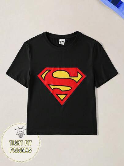 SUPERMAN X SHEIN Men's Casual Letter Graphic Round Neck Short Sleeve T-Shirt, Summer