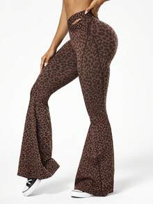 Easithlete 1件装女士无缝性感豹纹交叉腰部轮廓紧身裤，适合瑜伽、健身、舞蹈、体操 - 咖啡棕 - 查看 4