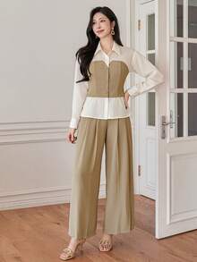 DAZY Conjunto de camisa y pantalón de pierna ancha de 2 en 1 con contraste de color y parches elegante para mujer, para primavera/verano, conjunto de ropa de descanso para mujer - Caqui - Ver 6