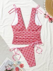 Bellisia Women's Retro Print Deep V-Neck Drawstring Ruched Backless Camisole & Tie-Side Triangle Bikini 2-Piece Swimwear Set, Spring/Summer - Multicolor - View 5