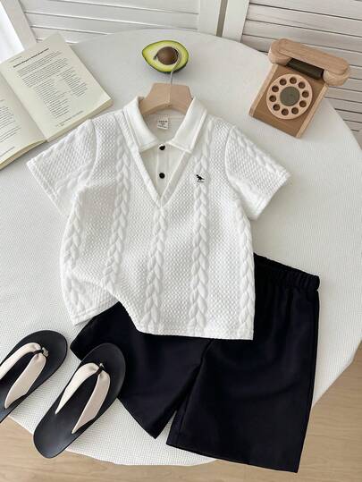 SHEIN Young Boys 2-Piece Outfit: Cute Polo Shirt & Elastic Waist Shorts Set, Suitable For School, Birthday Party, Ceremony, Wedding, Baby Shower, Spring/Summer,Toddler Boy Clothes,Toddler