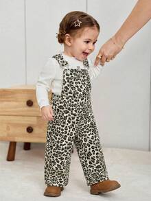 SHEIN Peto de mezclilla de corte holgado con estampado de leopardo y decoración de lazo para bebé niña - Multicolor - Ver 5