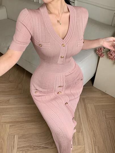 DAZY Women's Elegant Solid Color V-Neck Button Faux Pocket Knit Sweater Dress, Spring/Summer,Wedding Guest Dress Women