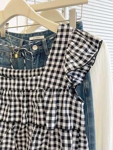 INAWLY Women's Autumn New Cute Ruffle Hem Blouse - Black and White - View 6