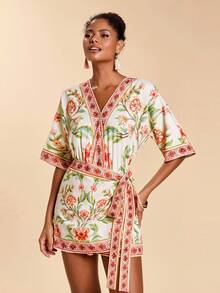 SHEIN TRVLCHIC 女士碎花短袖侧系带连体裤 - 粉色 - 查看 4