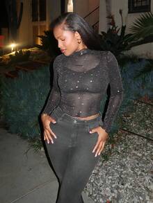 Tyla Gomez 生菜饰边星形网眼上衣，Blingbling 打底 T 恤 - 黑色 - 查看 6