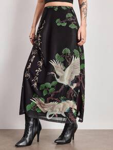 ROMWE Avant Chinese Style Crane & Calligraphy Pine Tree Print Slit Skirt For Women