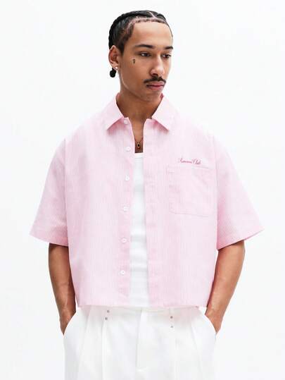 SUMWON Crop Fit Short Sleeve Button Down Shirt With Vertical Stripes And Collared Neckline For Casual Summer Occasions