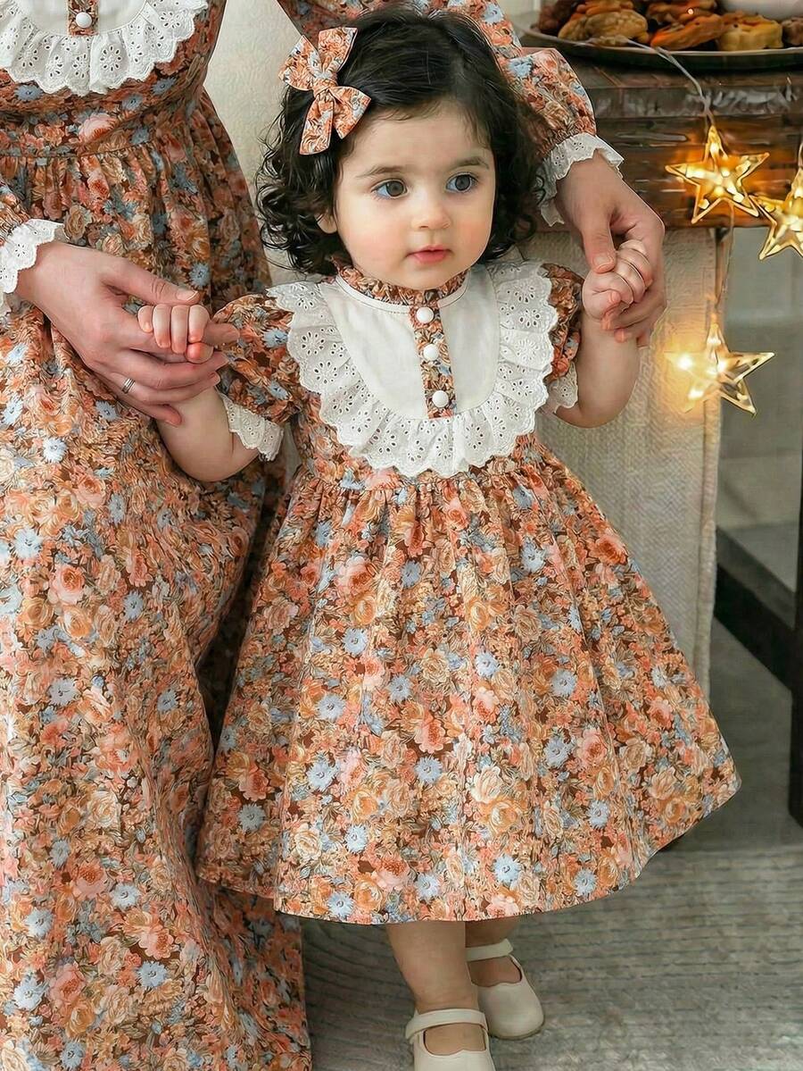 LMoss Kids 女婴花卉蕾丝荷叶边修身连衣裙 - 彩色 - 查看 1