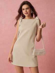 Enchnt Đầm ngắn nữ màu trơn cổ vuông không tay thiết kế tối giản - Màu Khaki - Xem 6