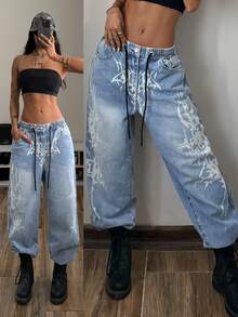 StreetHx Women's Gothic Pattern Drawstring Waist Pockets Wide Leg Loose Casual Jeans - Light Wash - View 1