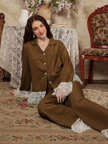 Elegant French Romantic Lace Patchwork Women Pajama Set - Rust Brown - View 5