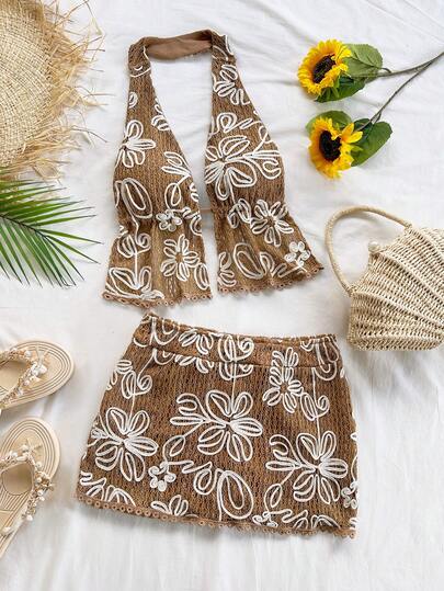 Soleia 2 piezas Conjunto de dos piezas sexy con escote halter sin espalda y cintura con lazo, con tela texturizada amarilla y encaje floral, adecuado para fiesta, cita, vacaciones, festival de música, estilo bohemio