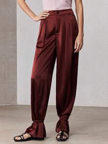ZEYLAH Pantalones de tobillo sueltos y relajados de satén de unicolor para mujer, primavera - Marrón Chocolate - Ver 2