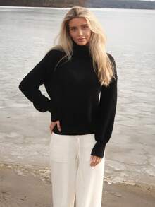 Sydney Algeri Rib-Knit Turtleneck Drop Shoulder Sweater,Long Sleeve Tops Knit Pullover Fall Winter Outfit - Black - View 1