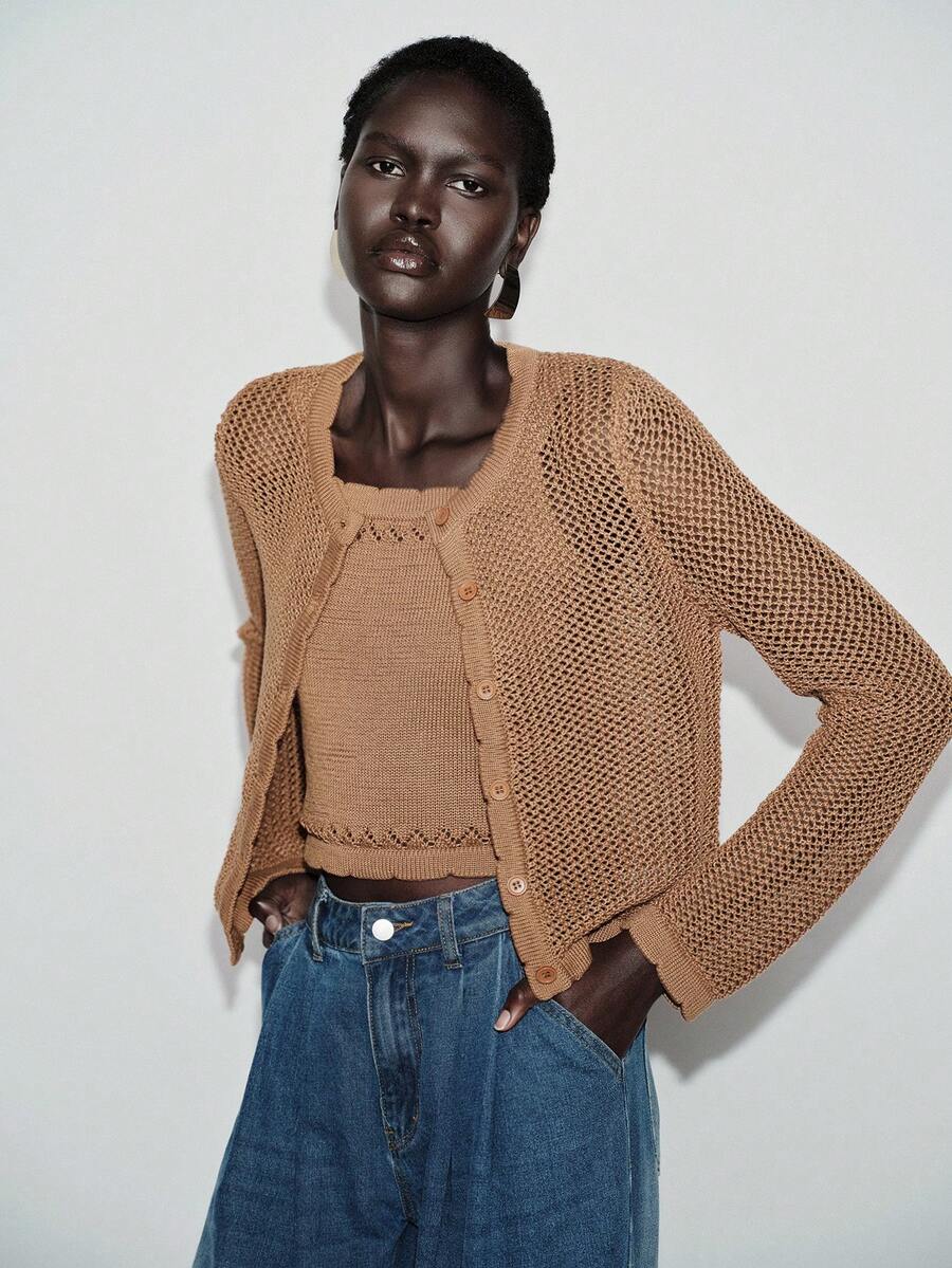 SHEIN Luminelle 两件套：优雅针织开衫+吊带背心，轻盈夏季套装，百搭单品 - 駝色 - 查看 1