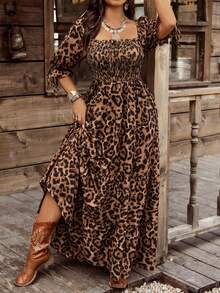 Ceyna Rochie de damă de mărime mare, primăvară/vară, cu imprimeu leopard, decolteu pătrat, mânecă jumătate, talie, linie A, pliată - Multicolor - Vizualizare 4