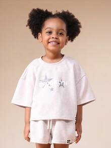 SUMWON Girls Washed Oversized T-Shirt And Shorts Co-Ord Set With Star Print Text Design Summer Casual Outfit Vacation - Black - View 3