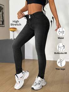 SHEIN PETITE PETITE Summer And Spring Women's Slim Fit High Stretch Casual Going Out Black Jeans - Black - View 1