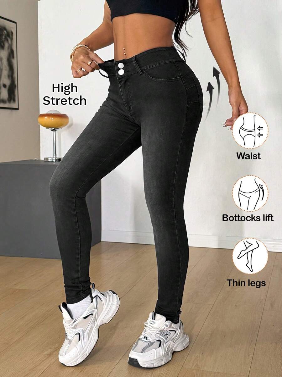 SHEIN PETITE PETITE Summer And Spring Women's Slim Fit High Stretch Casual Going Out Black Jeans - Black - View 1