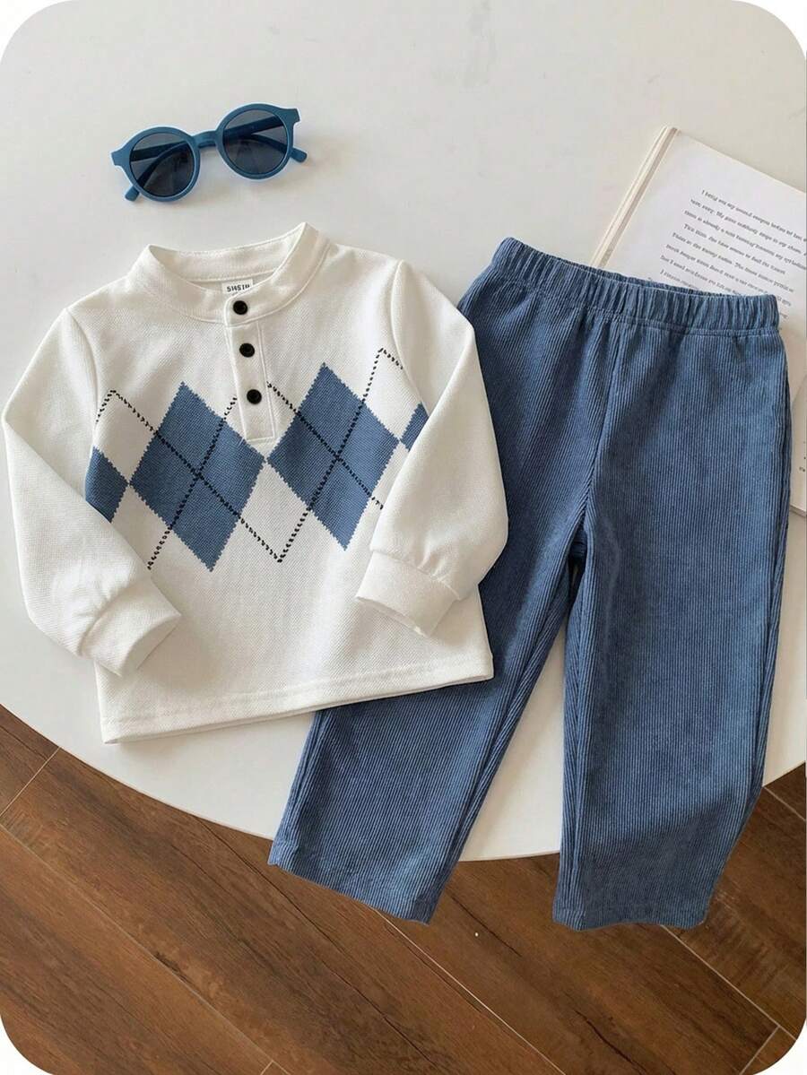 SHEIN 2件套男婴休闲可爱菱格纹长袖polo衫和蓝色裤子（含腰带），男婴服装，套装