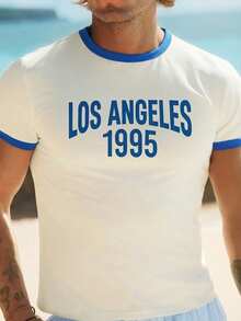 GENTILAND Men's Letter Print Round Neck Short Sleeve Casual Versatile T-Shirt Blue Trim T Shirt Los Angeles 1995 T Shirt Ringer T Shirt White T Shirt Los Angeles T Shirt - White - View 2