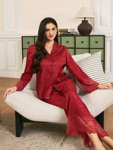 Moireta Women's Elegant Romantic Lace Patchwork Silk Lapel Button-Front Comfortable Floral Jacquard Satin Pajama Set - Burgundy - View 4