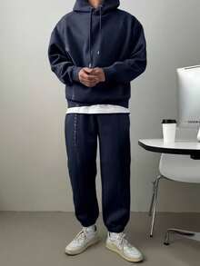 DAZY 男士纯色海军蓝厚款卫衣套装，秋冬