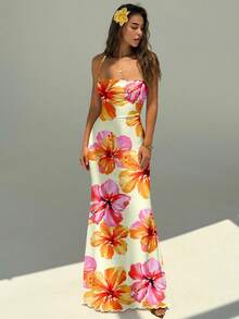 Aloruh Women's Elegant Hibiscus Floral Print Backless Dress, Summer Beach Vacation Outfit, Boho Tropical Vacation Wedding Anniversary Bridesmaid Party Date Sexy Wedding Guest Bridal Shower White Modest Fairy Spring - White - View 4