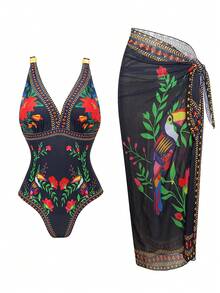 Swim Oasis Plus Size 2pcs Women Floral Print Crew Neck One-Piece Swimsuit With Matching Printed Skirt, High-End Swimwear Set Suitable For Summer Beach And Vacation - Multicolor - View 8