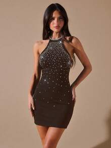 SHEIN BAE 黑色水钻装饰紧身迷你连衣裙，水钻装饰魅力派对礼服，秋季连衣裙，适合夜店、外出、秋季女装、复古风格、派对、鸡尾酒会、正式场合，黑色连衣裙，生日迷你连衣裙 - 咖啡棕 - 查看 3