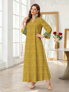 SHEIN Najma 女士几何图案椰树印花V领长袖优雅阿拉伯风格长款连衣裙，春季 - 彩色 - 查看 3