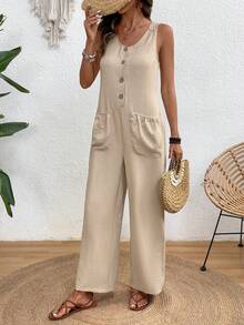 SHEIN Holidaya 女士休闲度假舒适外套，亚麻花卉拼接宽松阔腿连体裤，春夏款 - 杏色 - 查看 5