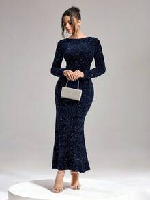 Coutiva Women's Sequin Solid Color Backless Twist Fitted Elegant Long Sleeve Formal Evening Gown,Blue Sparkly Mermaid Banquet Dress For Wedding,Party & Ball - Navy Blue - View 8