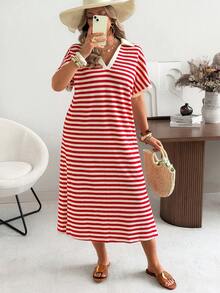 Ceyna 大码条纹针织休闲度假迷你连衣裙，春夏女士度假连衣裙，夏季钩针连衣裙，钩针罩衫连衣裙，带袖夏季连衣裙，夏季休闲连衣裙，条纹图案连衣裙，夏季条纹连衣裙，红色条纹连衣裙，针织条纹连衣裙，休闲夏季连衣裙，女士假日连衣裙，女士度假套装，条纹连衣裙，女士红白连衣裙 - 紅色 - 查看 6