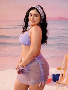 Swim Vcay 新款加大码女式三件套比基尼，紫色网纱，三角上衣，系带下装，网纱迷你裙，泳衣 - 紫色 - 查看 7