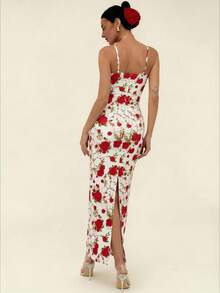 Aloruh Damen Valentinstag Spitze Patchwork Rose Muster Kleid - Rot - Übersicht 2
