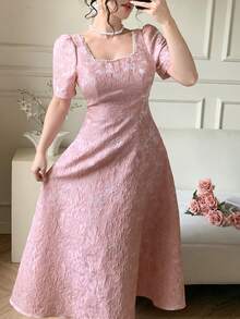 DAZY Đầm maxi nữ thanh lịch cổ vuông tay phồng đính hoa và ngọc trai giả, thích hợp cho dự tiệc cưới mùa hè. - Hồng - Xem 10