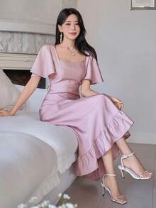 DAZY 女士优雅纯色方领荷叶袖连衣裙，春夏婚礼宾客礼服长款连衣裙 - 粉色 - 查看 6