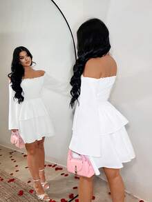 SHEIN SXY Vestido de línea A con volantes en los hombros, mangas acampanadas y dobladillo con capas de unicolor para mujer - Blanco - Ver 2