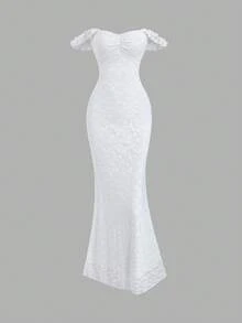 Sweetra Elegant Lace Texture Maxi Mermaid Dress, Sexy & Graceful For Party, Vacation, Autumn/Spring - White - View 3