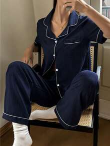 Dream Adore 女士休闲藏蓝色条纹印花翻领开衫和裤子睡衣套装 - 彩色 - 查看 1