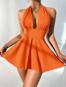 Mistrie Black Tight-Fitting Romper With Deep V-Neck, Backless Strap - Burnt Orange - View 7