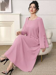 Yasmyna Áo Kaftan & Jalabiya nữ tay dài cổ vuông màu hồng, thêu hoa thủ công, trang trí nơ, cổ áo bằng vải dệt, dành cho nữ. - Hồng - Xem 2